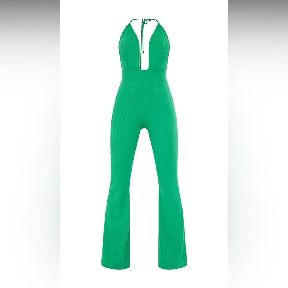 NWT PrettyLittleThing Green Bandage Plunge Flared Leg Jumpsuit, US Sz 10